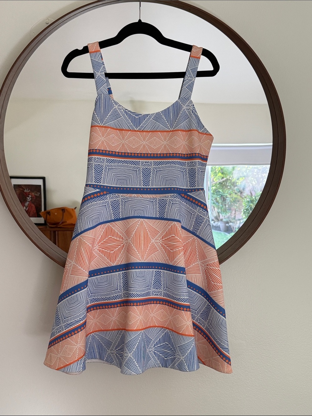 TOWNSEN Peach and Blue Geometric Fit-and-Flare Dress